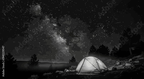 Illuminated tent under a vast starry night sky with the Milky Way, reflecting on a tranquil lake, wilderness camping scene.