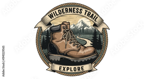 Vintage hiking boot and mountain landscape emblem for wilderness trail adventure. Retro outdoor exploration badge illustration.