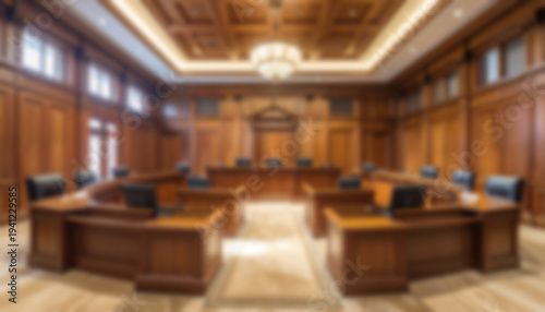 opaque interior of a modern courthouse with a lavish wooden pulpit