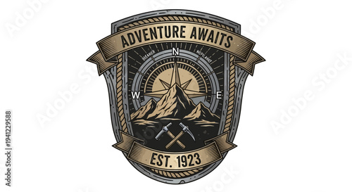Detailed Vintage Adventure Awaits emblem featuring mountain peaks, compass rose, and pickaxes on a shield design, perfect for exploration theme.