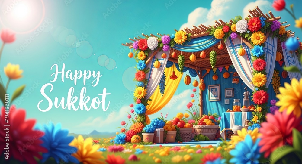 Obraz premium Colorful sukkah decorated with flowers fruits and bells for Sukkot holiday. Jewish festival booth illustration featuring happy Sukkot text in English and Hebrew. Traditional autumn celebration