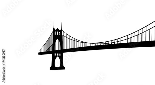 Black Silhouette of St. Johns Bridge Suspension Bridge Against White Background