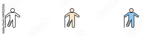 Injured person icon set. Bone fracture recovery and physical disability symbol. Vector Illustration.