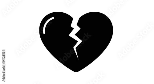 Broken Heart Icon Black Silhouette, Symbol of Sadness, Love Loss, and Emotional Pain