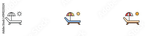 Beach lounge chair icon set. Summer vacation and sunbathing relaxation symbol. Vector Illustration.