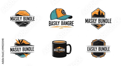 Collection of outdoor themed logos featuring camping, hiking, and nature elements.