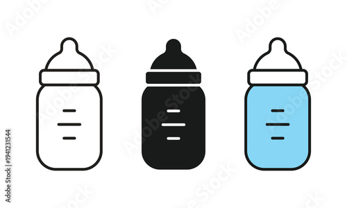 Baby feeding bottle icons set. Vector illustration of milk bottles in outline, glyph, and flat styles for newborn care, nursery, and parenting apps. Isolated pictogram, silhouette on white background.