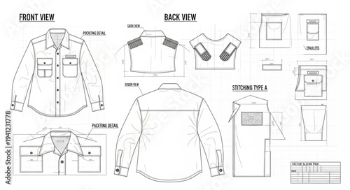 Technical Drawing of a Classic Button-Down Shirt Design.
