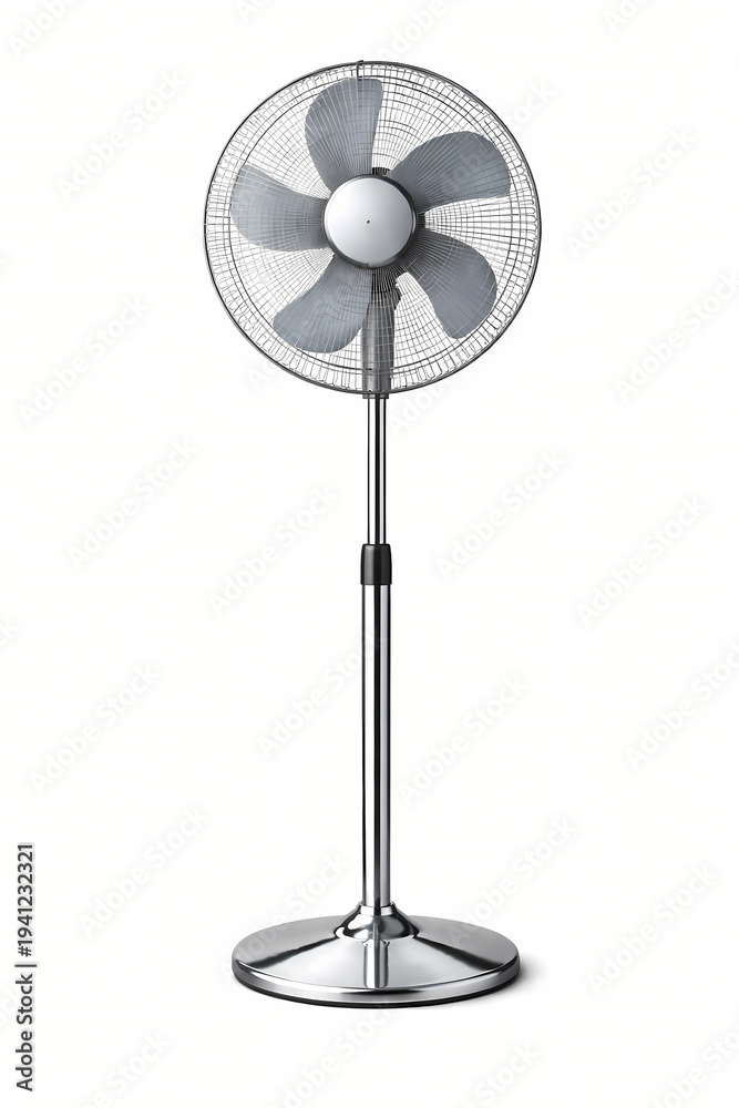 Obraz premium Sleek Modern Silver Standing Fan with Adjustable Height and Powerful Blades Ideal for Home or Office Cooling Solutions