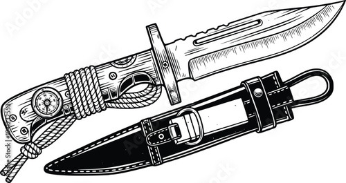Hand Drawn Vintage Survival Knife with Sheath Engraving Vector Illustration
