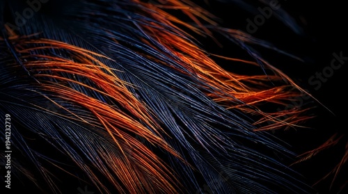 Flowing dark hair strands with vibrant orange highlights flowing down against a dark background view