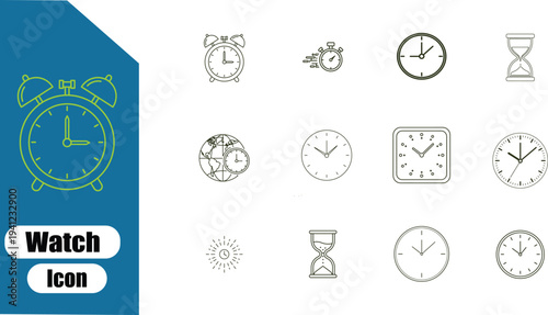 Time Icons: Alarm Clock, Hourglass, Round Watch Collection Vector Illustration