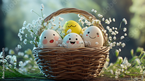 Happy Easter eggs in wicker basket with flowers