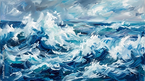 Turbulent ocean waves crash against the shore, a dramatic seascape view from the beach