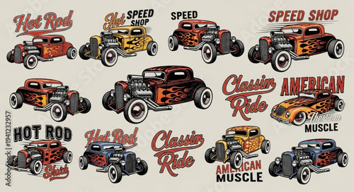 Vintage Hot Rod Car Collection - Classic American Muscle Cars and Speed Shop Designs.