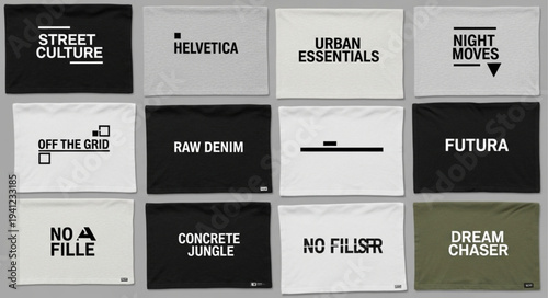 Collection of T-shirts with Text-Based Designs - Street Culture, Helvetica, Urban Essentials, and More.