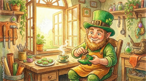 Happy leprechaun bootmaker working in his cozy workshop. St. Patricks Day cheerful fantasy illustration and Irish folklore concept.