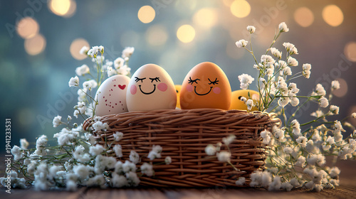 Happy Easter eggs with smiling faces in wicker basket