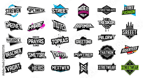Collection of street-style logo designs with bold typography and urban aesthetics, featuring distressed textures and dynamic layouts for branding and apparel.