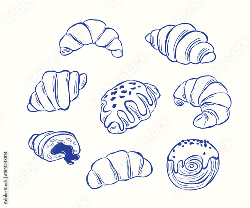 Hand drawn ink sketch vector illustration of assorted croissants in minimalist line art style. Perfect for bakery branding, cafe menus, packaging, food blogs and pastry themed designs.