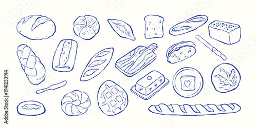 Hand drawn ink sketch of various breads, pastries and kitchenware. Vector line art style for bakery logos, packaging, menu design, cafe branding, culinary blogs and recipe illustrations.