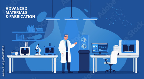 Advanced Materials & Fabrication Vector Illustration Science Laboratory with Scientist, Microscope, Computer, and 3D Printer