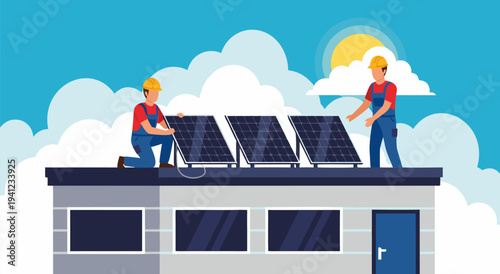 Installing solar panels on a rooftop, a vector illustration of renewable energy and sustainable technology for a green future