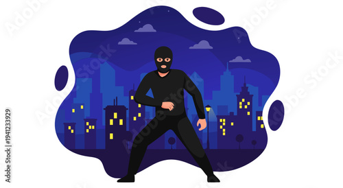 Nighttime Intruder Vector Illustration A Stealthy Figure in a Cityscape Silhouette, Depicting Crime and Danger