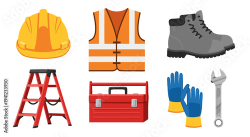 Construction Safety Gear And Tools Vector Illustration Set on White Background