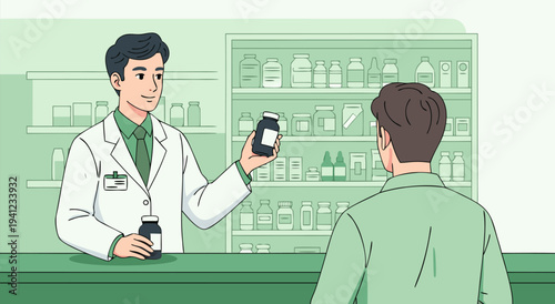 Pharmacy Vector Illustration of a Pharmacist Handing Medicine Bottle to a Customer