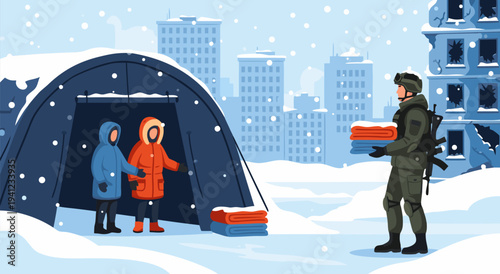 Vector illustration of humanitarian aid and support during a winter crisis, showing a soldier delivering food packages to people in a temporary shelter surrounded by snow-covered city buildings