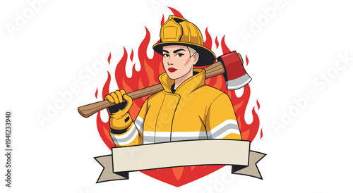 Female Firefighter Holding Axe with Flames Behind - Vector Illustration of Heroic Woman in Uniform