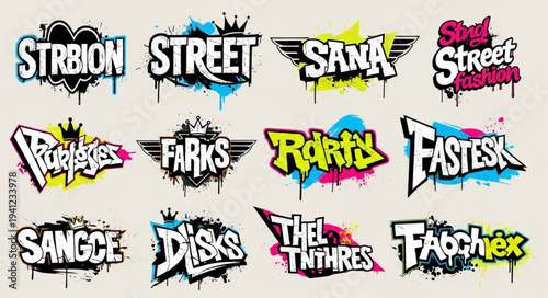 Collection of Graffiti-Style Word Designs with Vibrant Splatter Effects.