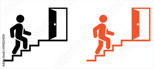 Man Walking Up Stairs Towards Open Door for Success and Exit Directional Symbols Vector Illustration.