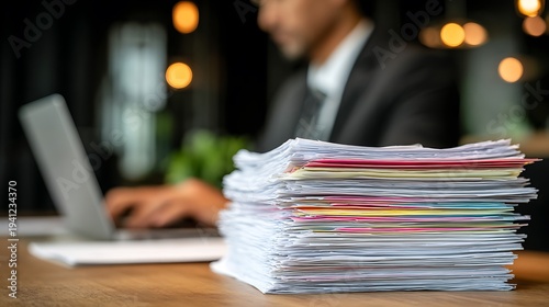 Businessman working on laptop computer with stack of paper document for searching and checking document on folder paper at busy work on desk office, close up