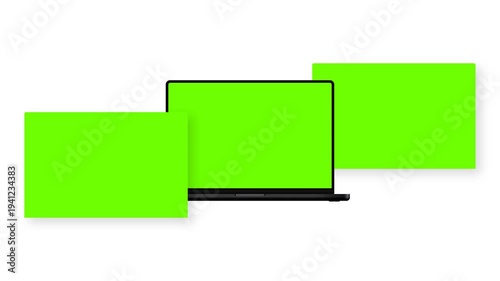 Black laptop mockup with animated green web screens on white background. Animation for website presentation, UI design showcase