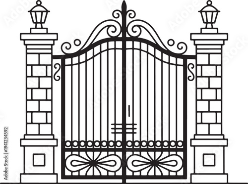 Vintage Ornamental Iron Gate Fence Architecture Line Art Vector - Luxury Decorative Entrance Gate with Pillars Flat Line Vector Illustration -gate, iron gate, wrought iron gate, decorative gate, entra