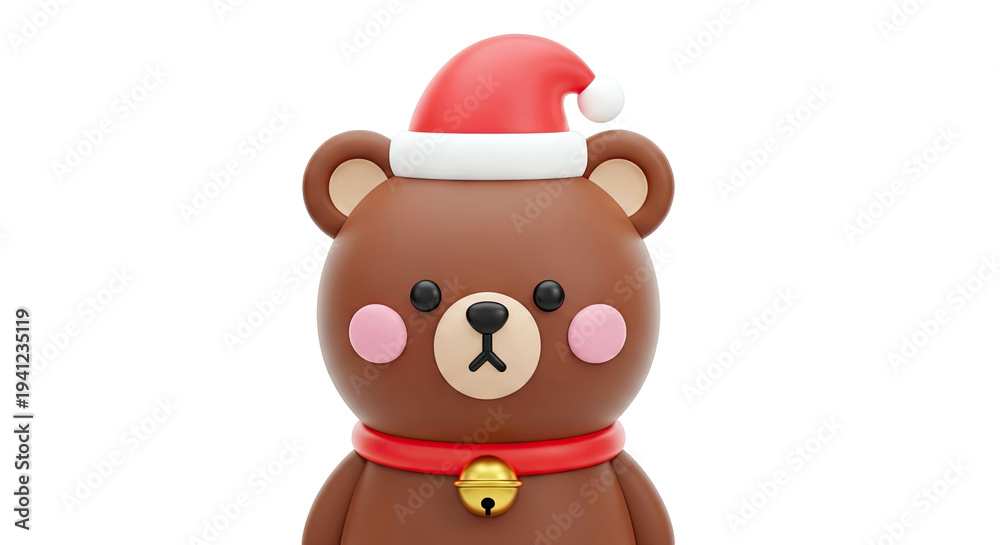 Fototapeta premium Cute 3D Bear Wearing Santa Hat and Bell Collar