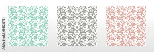 Wallpapers in the style of Baroque.. Set of colored floral ornaments. Seamless vector backgrounds Graphic patterns for fabric, wallpaper, packaging. Ornate Damask flower illustration