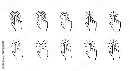 Collection of hand cursor icons showing touch gestures and clicking actions with different ripple effects in a line art style.