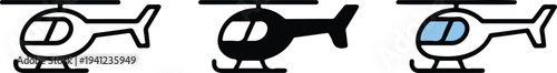 Minimalist helicopter icon set with outline, silhouette and colored aircraft in clean flat vector aviation transportation design