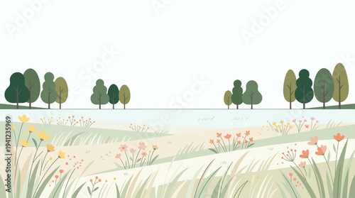 Pastel watercolor landscape of a grassy meadow with wildflowers and distant trees under a pale sky