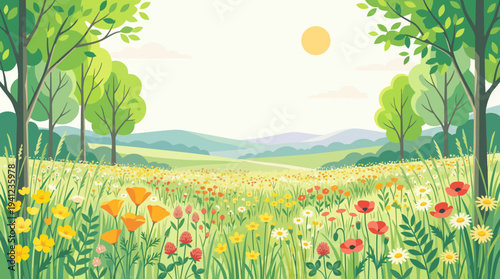 Sunny meadow of blooming wildflowers with distant hills and trees framing a vibrant spring countryside landscape illustration