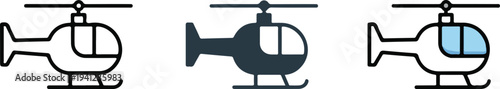 Minimalist helicopter icon set with outline, silhouette and colored aircraft in clean flat vector aviation transportation design