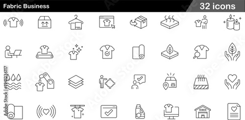 Fabric Business Thin Line Icons Set Textile Manufacturing, Garment Logistics, Apparel Retail, Sustainable Materials and Fashion Industry Symbols for E Commerce