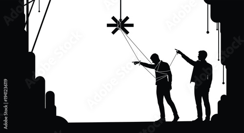 Silhouette of two business men pointing towards a central star while one is being controlled like a puppet by unseen strings.
