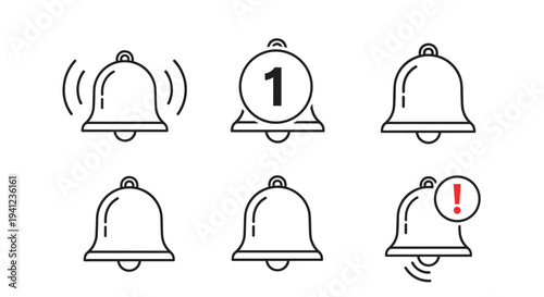 Set of notification bell icons in different states including ringing, silent, alert, and with a numeric message counter.