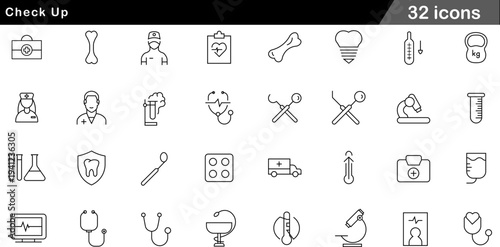 Check Up Thin Line Icons Set Medical Diagnostics, Clinical Care, Health Screening, Laboratory Services and Dental Symbols for Healthcare Apps