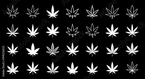 Collection of white cannabis leaf icons on black background for design and editorial use