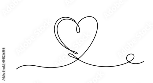 Minimalist continuous line drawing of a single heart symbol representing love, romance, and simplicity in artistic design.